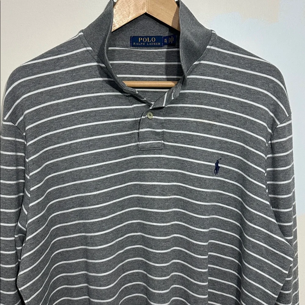 Polo by Ralph Lauren Men Long Sleeve Gray White‎ Stripe Polo Shirt Navy Logo XL